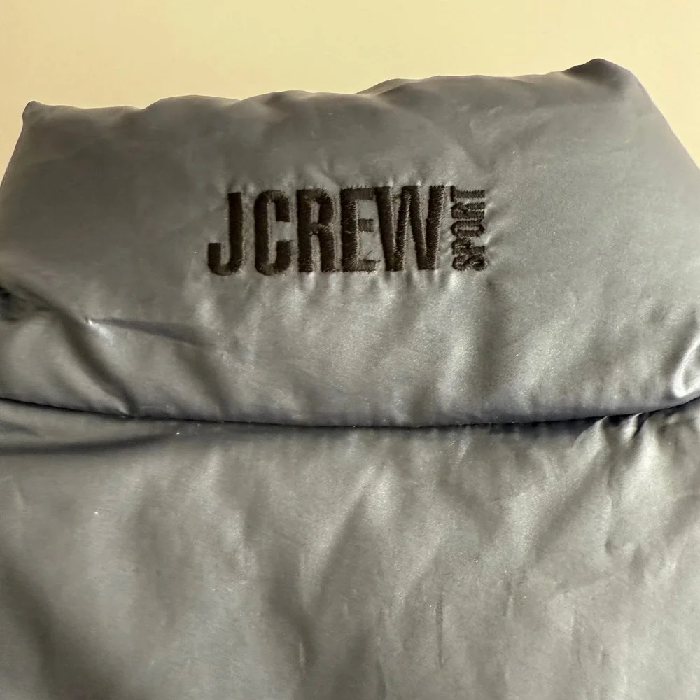J‎ Crew Sport Goose Down Reversible Shadow Spellout Black Navy Puffer Vest L